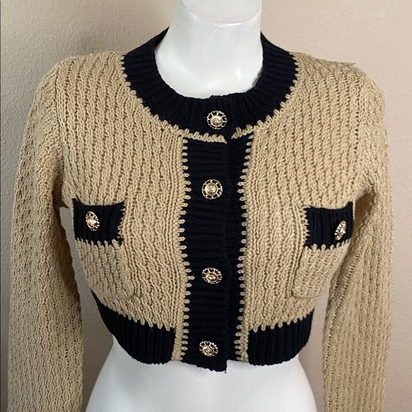 QIUROUYAO designer tan black cropped knit sweater cardigan perfect ❤️❤️❤️ - Picture 7 of 9